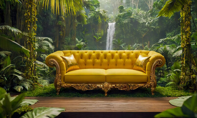 Wall Mural - Mock-up portrays a yellow luxury vintage sofa with gold elements amidst the serene beauty of a tropical forest, conveying a sense of tranquility and relaxation.