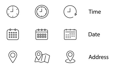 Time, date and address line icon set. Clock, calendar, location pin. Editable stroke. Vector illustration.