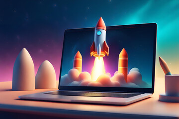 Wall Mural - 3d render rocket launch on computer laptop. new business start-up ideas. learning knowledge creativity. business success concept. 3d rendering illustration cartoon minimal style