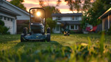 Fototapeta  - A gasoline lawn mower stands on the lawn near the house at sunset