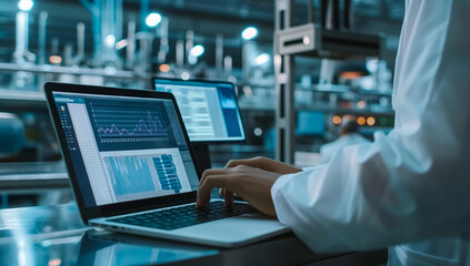 A male worker is sitting at a laptop, checking data in a factory setting.