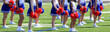 Young cheerleaders standing on a field holding pom poms