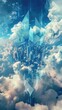 Sky blue low polygon background with a floating city, merging abstract art with soft scifi themes
