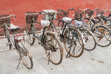 Fototapeta Koty - Private retro bicycles stand near the wall.