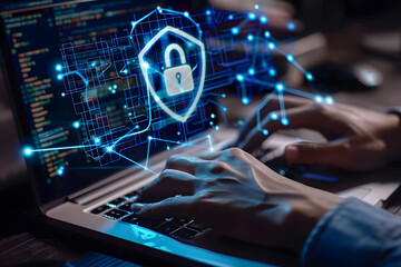 Poster - A person's hands are typing on their laptop with an abstract digital shield and keyhole icon hovering above a keyboard. Concepts of network security, private access, and data protection.  