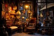 Warmly Lit Mystical Antique Shop Front Display with Vintage Items
