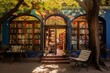 Charming bookshop front with inviting open door, dappled sunlight streaming through trees