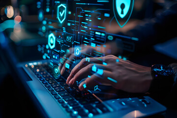 Poster - A person's hands are typing on their laptop with an abstract digital shield and keyhole icon hovering above a keyboard. Concepts of network security, private access, and data protection.  