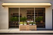 Modern wine shop front with large window display and plants