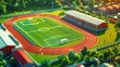 3D cartoon model, middle school and school's sports field. In the sports field there is a football field and a running track with grass ground