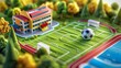 3D cartoon model, middle school and school's sports field. In the sports field there is a football field and a running track with grass ground