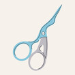 Metal vintage scissors in the shape of a butterfly with blue handles. Tools for sewing and needlework in flat style. Vector stock illustration. Scissors in the shape of a bird.