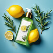 Composition with a bottle of cosmetics without a label, fresh lemon and rosemary on a colored background