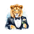A lion wearing a tuxedo, suit and proposing with a daisy flower, valentine day clipart, love, relationship, beauty, beast, watercolor illustration, for scrapbook, junk journals, cute, wedding proposal