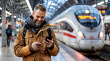 Fototapeta  - homme de 30-40 ans sur le quai d'une gare en train de consulter son smartphone en attendant son train