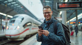Fototapeta  - homme de 30-40 ans sur le quai d'une gare en train de consulter son smartphone en attendant son train