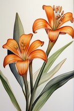 Flower Orange Lily Painted Watercolor On White Background