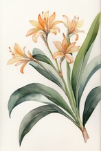 Painting Of Lilium, Lily Flower With Green Stem And Orange Petals, Vertical