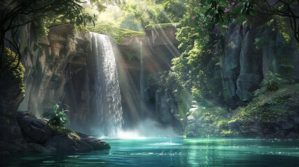  A cascading waterfall hidden deep within a lush forest, its crystal-clear waters tumbling gracefully into a tranquil pool below.