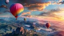 A Colorful Array Of Hot Air Balloons Ascending Into The Sky, Their Vibrant Hues Painting A Kaleidoscope Of Colors Against The Backdrop Of Distant Mountains.