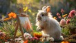 Angora Rabbit Painting Landscape in Sunlit Garden

