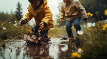 Children In Rubber Boots Paddling Through A Puddle.