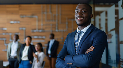 A african businessman in office with arms crossed happy charismatic