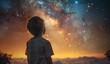 A boy looks at the starry sky. The concept of dreaming and the infinity of the universe.