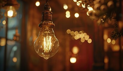 Retro electric light bulb in warm tones. The concept of cozy lighting and interior design.