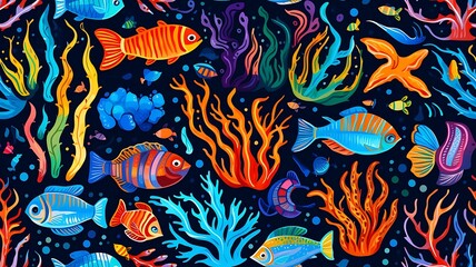 Wall Mural - Vibrant Reef: Aquatic Life Seamless Texture with Vibrant Colors, Bringing the Underwater World to Life with Dynamic Energy