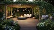 Elevate your outdoor patio with a stylish pergola adorned with climbing vines, cozy seating, and a fire pit, offering a perfect setting for alfresco entertaining