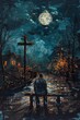 Man seeking guidance, praying at a cross, in a tranquil acrylic night setting
