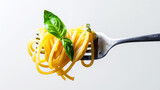 Fototapeta Las - Appetizing spaghetti rolled on fork with basil. Delicious pasta restaurant concept. Light background. Generative AI