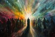 Followers in prayer as Jesus emerges in glorious light rays, depicted in vibrant acrylics