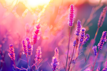 Canvas Print - A field of purple flowers with a pink sun in the background