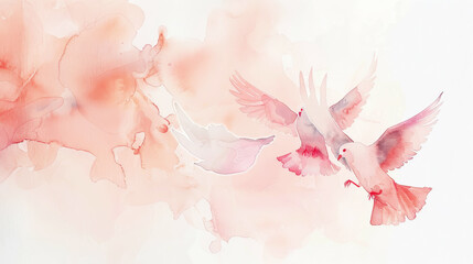 Hand painted watercolor card with two doves on aesthetic background. Pastel light colors. Peace concept. Generative AI