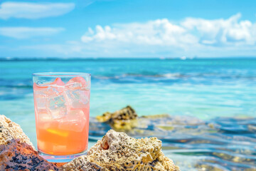 Canvas Print - A glass of pink drink is on a rock by the ocean