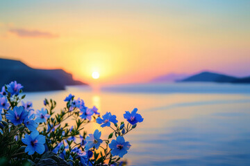 Wall Mural - a beautiful blue flower with a sun in the background