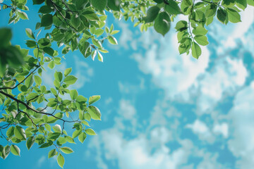 Wall Mural - A tree with green leaves is in the foreground and the sky is blue