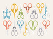 Set of various colourful Scissors. Elegant, fancy, vintage, retro style. Hand drawn Vector illustration. Isolated design elements. Cutting hair, scissoring, shear concept