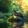 Tranquil turtle meditating in peaceful pond, bright colors, clean background, Realistic HD characters, turtle zen