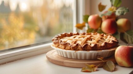 Wall Mural - Freshly baked apple pie on a windowsill overlooking an autumnal scene