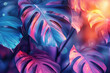 Abstract neon background with tropical leaves of palm, monstera in violet, orange, purple colors
