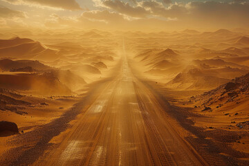 Wall Mural - Solitary Desert Road Vanishing Into Horizo, road adventure, path to discovery, holliday trip, Aerial view