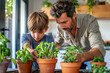 Father with a boy planting herbs at home