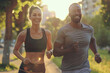 Joyful Interracial Couple Enjoying Sunset Run in the City