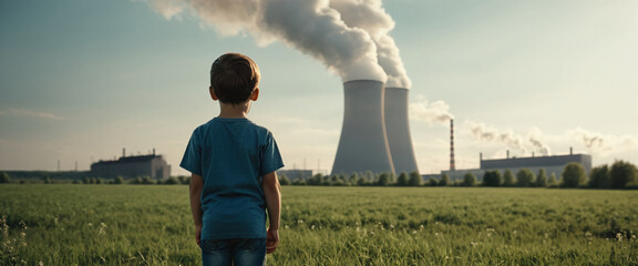 Child watches smoke coming out of the chimney and cooling tower of a power plant - ai generated Image