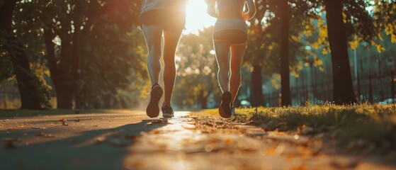 A couple warms up on the open road, preparing for their morning run as the sun rises, casting captivating light and shadows around them.