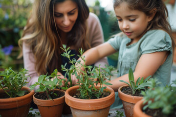 Wall Mural - Mother with a girl planting herbs at the backyard 