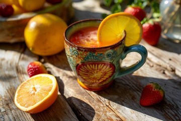 Wall Mural - a cup of juice with a slice of lemon and oranges on a wood surface